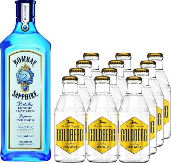 Bombay Sapphire Gin 0,7 Liter und 12x Goldberg Tonic Water 0,2 Liter