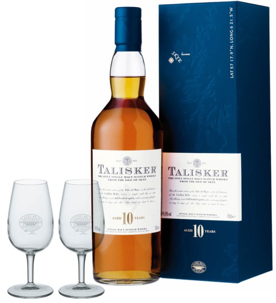 Talisker Whisky 10 Jahre 0,7l Geschenkset mit 2 Classic Malt Whiskygläsern