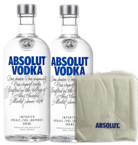 2x Absolut Vodka 0,5 Liter mit einem Pack Servietten