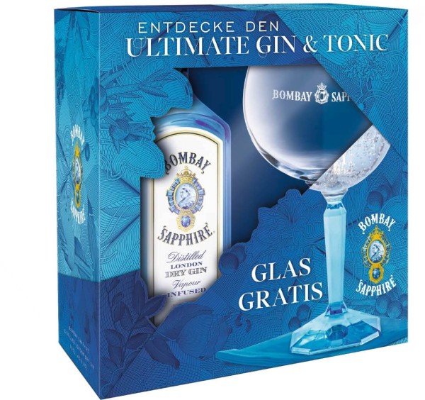 Bombay Sapphire Gin 0,7 Liter in der Geschenkbox mit Glas