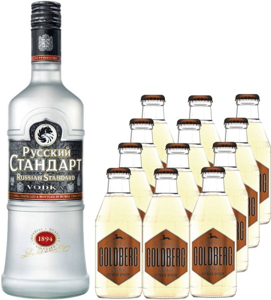Russian Standard Vodka 0,7 Liter mit 12x Goldberg Intense Ginger 0,2 Liter