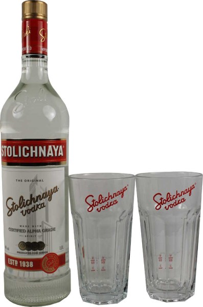 Stolichnaya Vodka 1 Liter mit 2 Gläsern