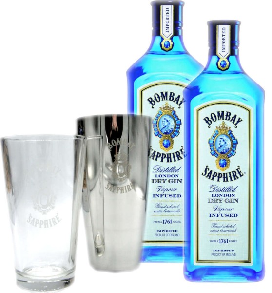 Bombay Sapphire Gin 2x1l mit Shaker
